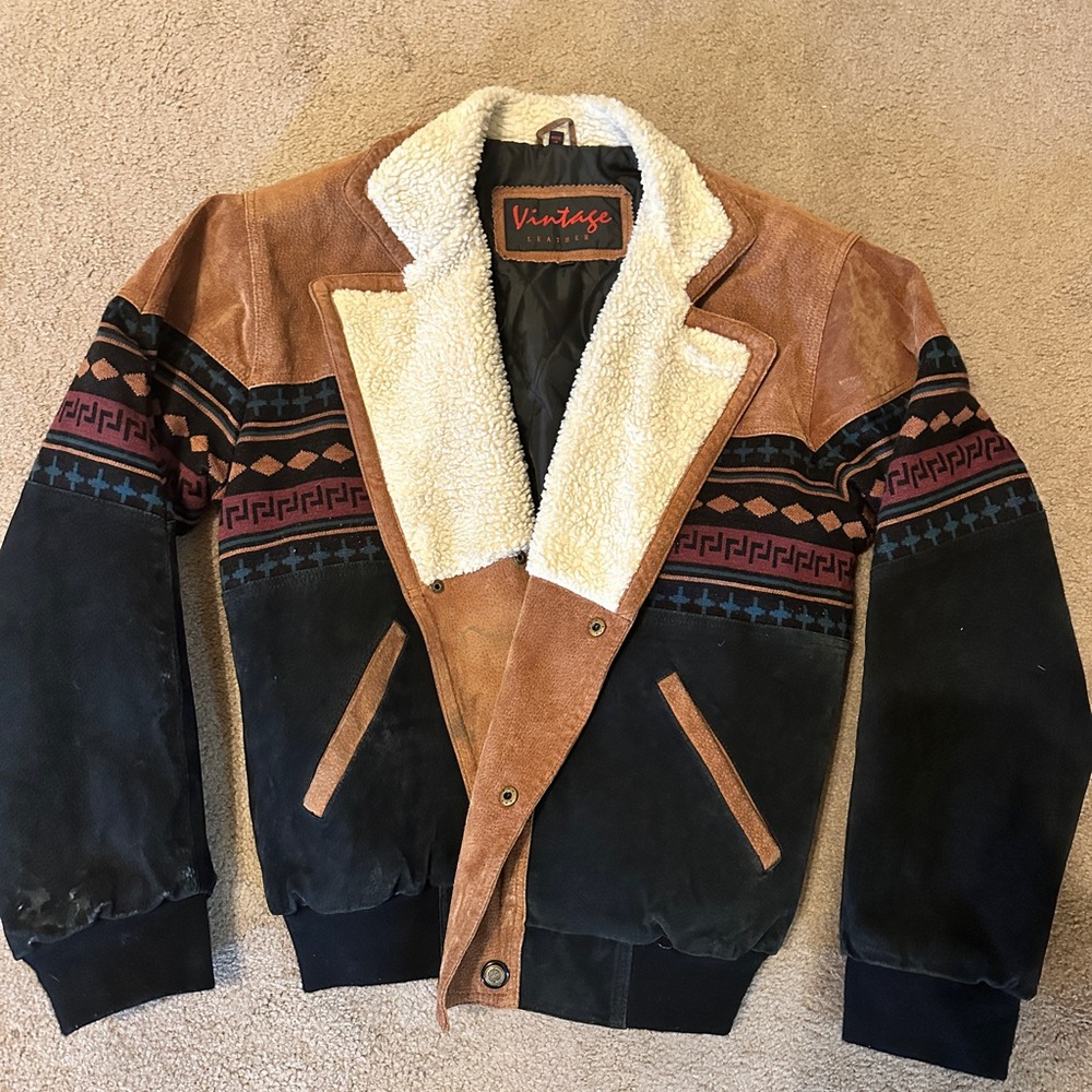 Vintage Men's Brown and Black Bomber Jacket with Shearling Collar